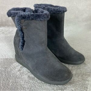 Skechers Boots Womens Size 9 Gray Suede Wedge Ankle Faux Fur Lined Zip Winter